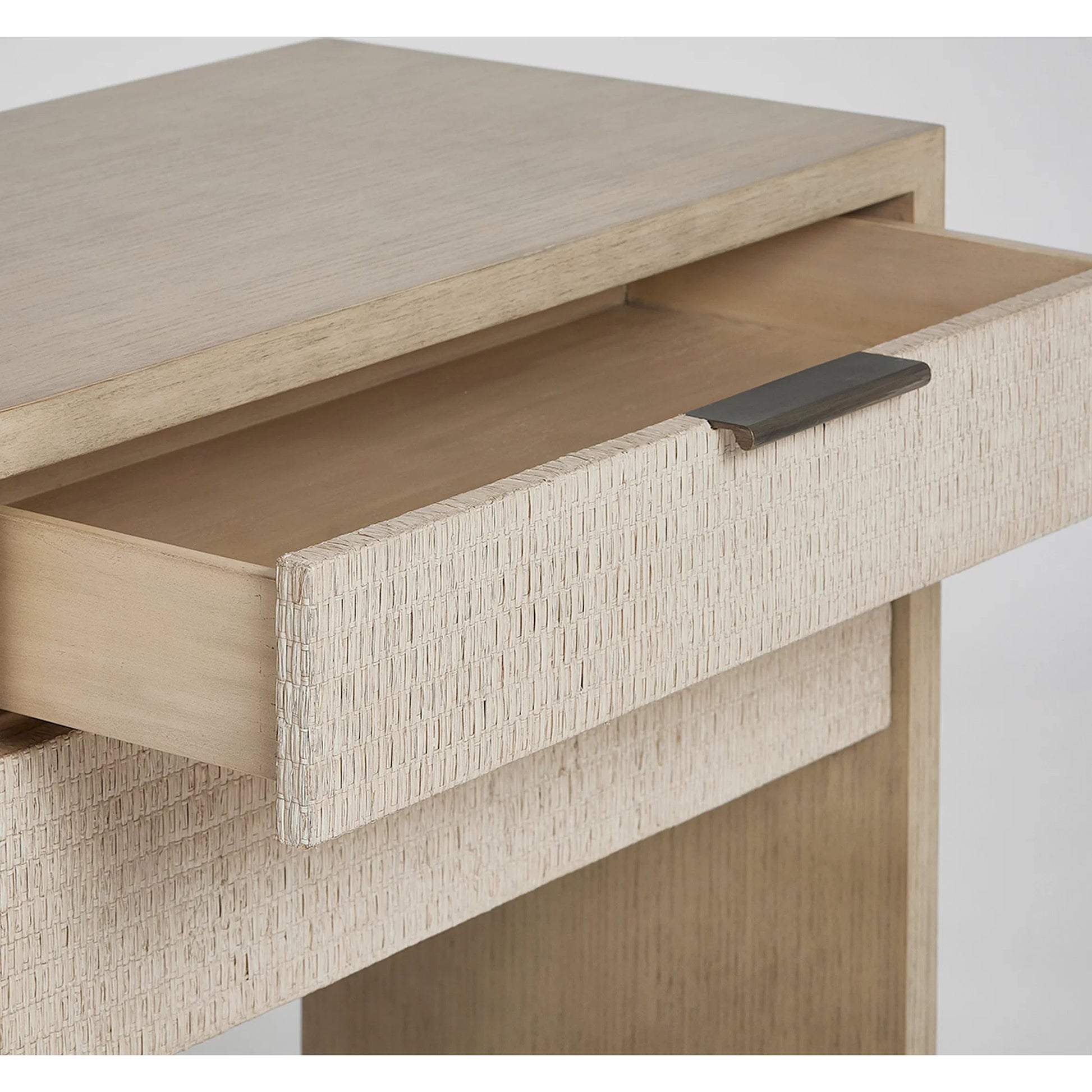 Harperly Tall Bedside Chest by Interlude Home in washed taupe, satin aged bronze. Made from sungkai wood, raffia, metal in a transitional style.