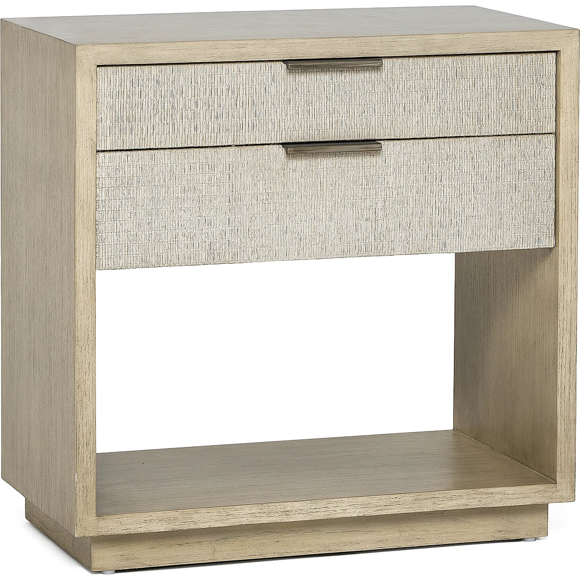 Harperly Tall Bedside Chest by Interlude Home in washed taupe, satin aged bronze. Made from sungkai wood, raffia, metal in a transitional style.