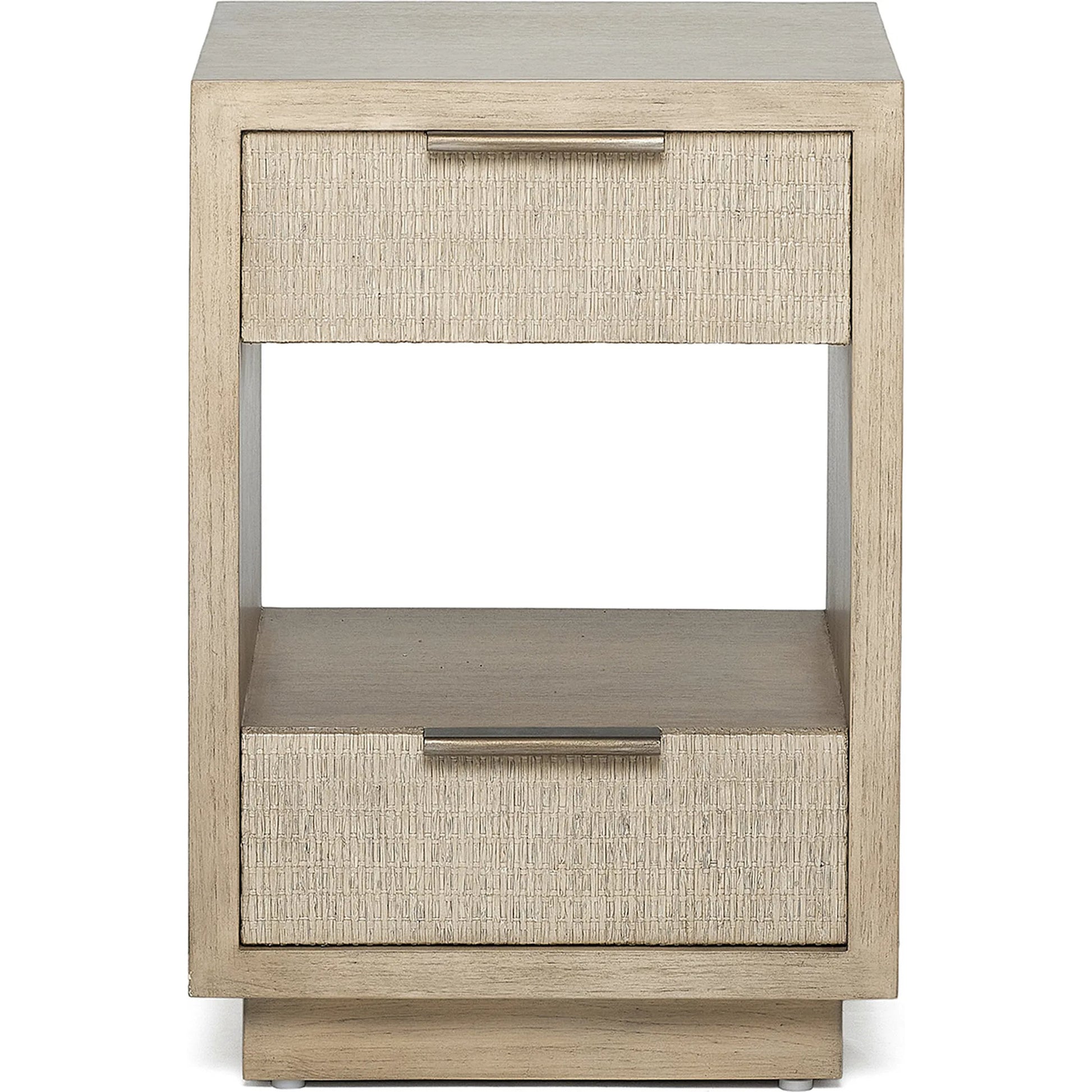 Harperly Small Bedside Chest by Interlude Home in washed taupe, satin aged bronze. Made from sungkai wood, raffia, metal in a transitional style.