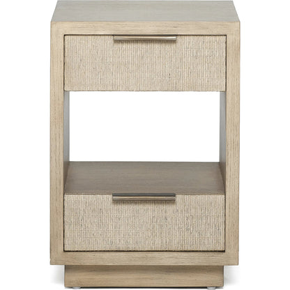 Harperly Small Bedside Chest by Interlude Home in washed taupe, satin aged bronze. Made from sungkai wood, raffia, metal in a transitional style.