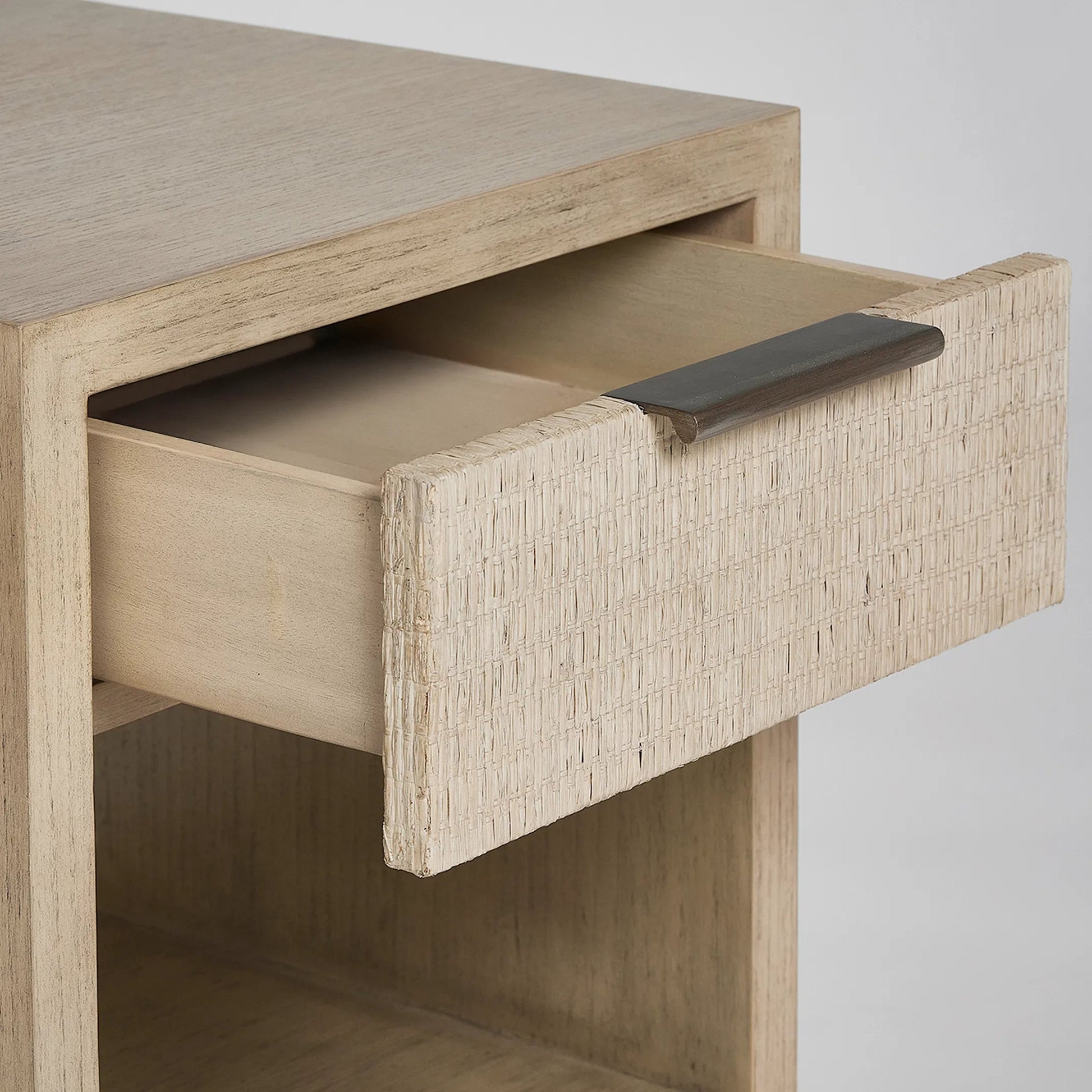 Harperly Small Bedside Chest by Interlude Home in washed taupe, satin aged bronze. Made from sungkai wood, raffia, metal in a transitional style.