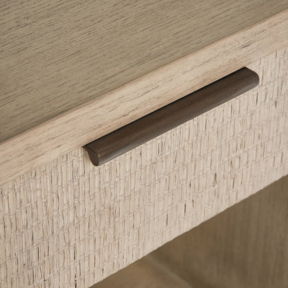 Harperly Small Bedside Chest by Interlude Home in washed taupe, satin aged bronze. Made from sungkai wood, raffia, metal in a transitional style.