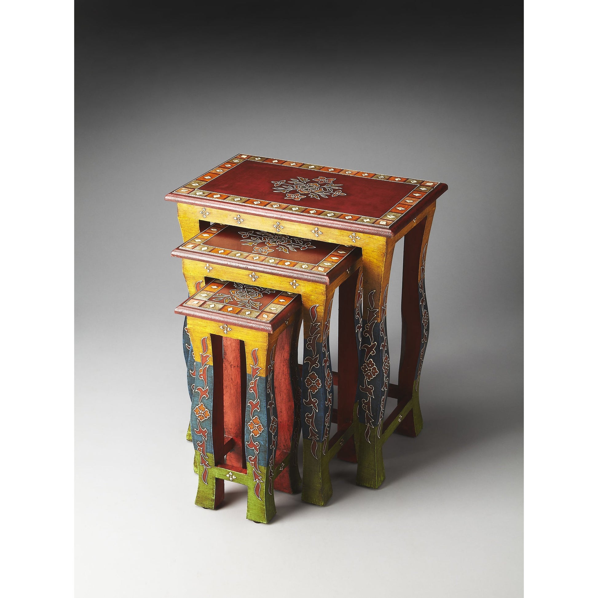 Sasha Hand Painted Nesting Tables by Butler Specialty Company in assorted and artifacts. Made from select wood solids in a eclectic & global style.