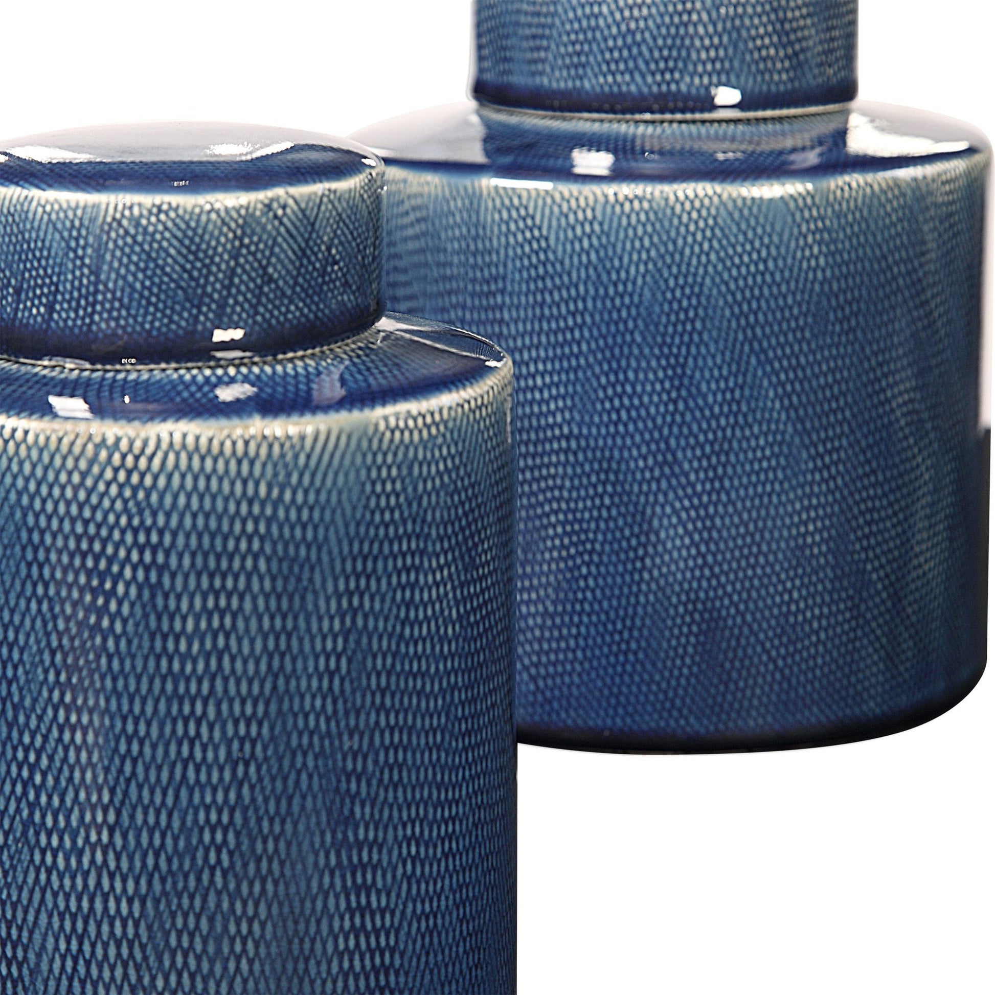 Saniya Blue Containers by Uttermost in blue. Made from ceramic in a transitional style.