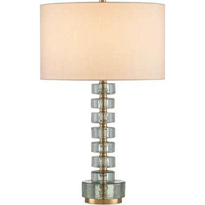 Mystras Table Lamp by Currey and Company in clear, antique brass. Made from cast glass, iron in a modern style.