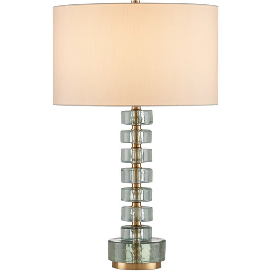 Mystras Table Lamp by Currey and Company in clear, antique brass. Made from cast glass, iron in a unique style.