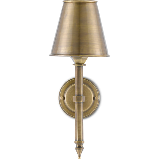 Wollaton Wall Sconce by Currey and Company in light moroccan antique brass. Made from brass in a traditional style.