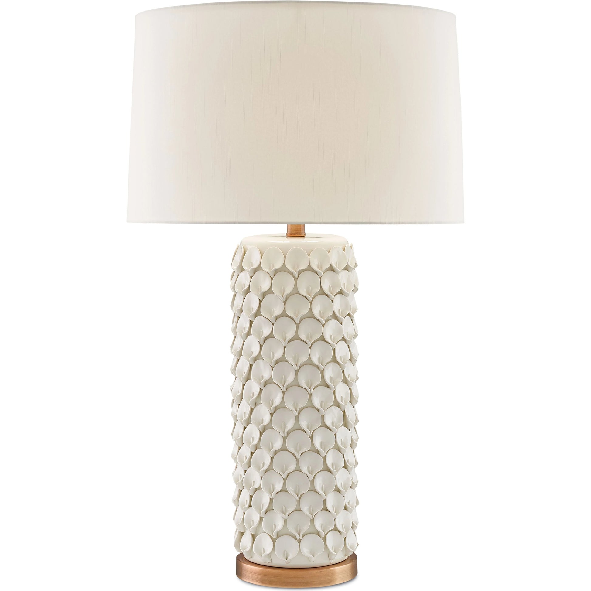 Calla Lily Table Lamp by Currey and Company in cream, antique brass. Made from ceramic, metal in a coastal style.