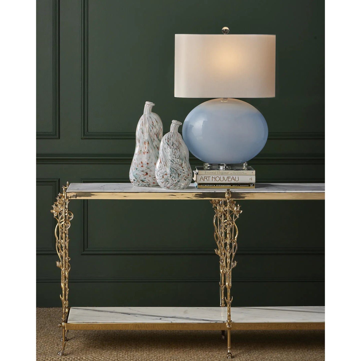 009 SI-2257296 | Lifestyle | Fiore Console Table by Currey and Company in polished brass, natural. Made from brass, white marble in a modern style.