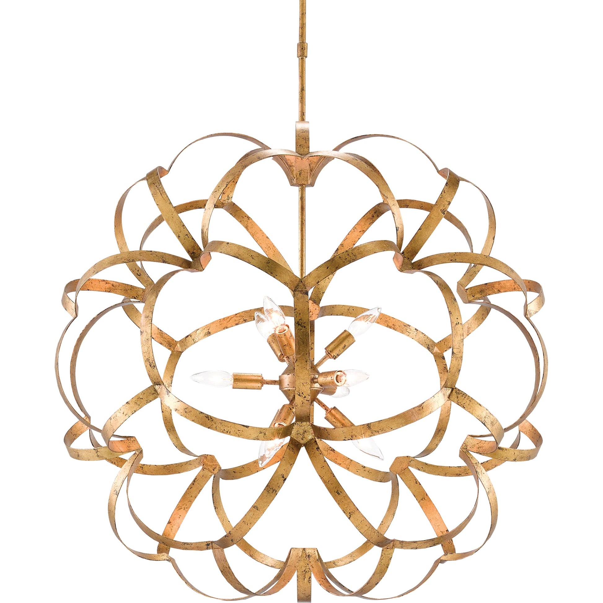 Sappho Orb Chandelier by Currey and Company in new gold leaf. Made from wrought iron in a modern style.