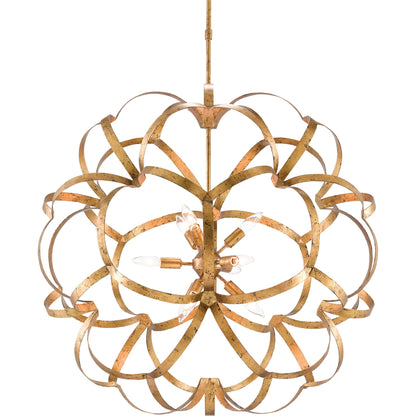 Sappho Orb Chandelier by Currey and Company in new gold leaf. Made from wrought iron in a modern style.