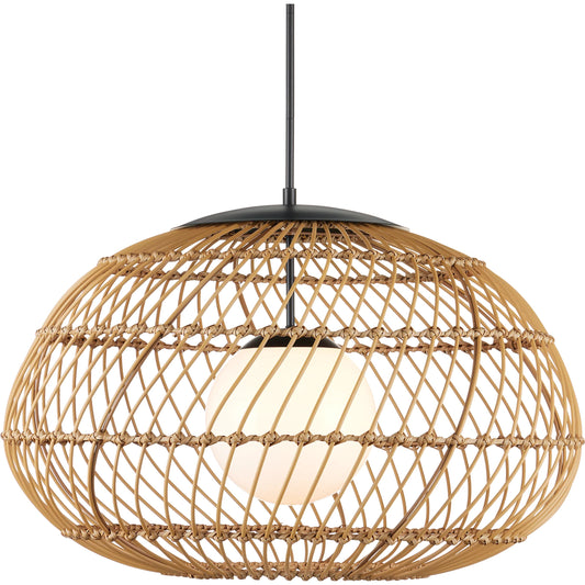Carriage Outdoor Pendant by Currey and Company in natural, black, frosted white. Made from all-weather wicker, metal, glass in a unique style.