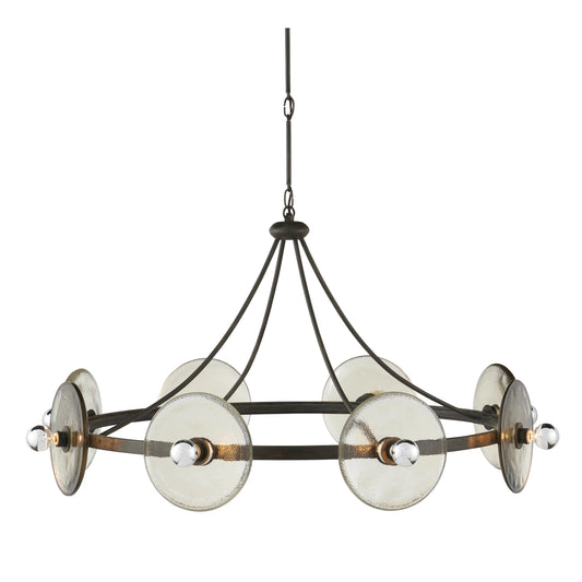 Circumstellar Disc Chandelier by Currey and Company in black iron, clear. Made from wrought iron, recycled glass in a modern style.