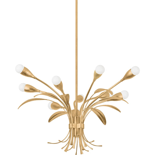 Bilston Chandelier by Hudson Valley in vintage gold leaf. Made from iron in a unique style.