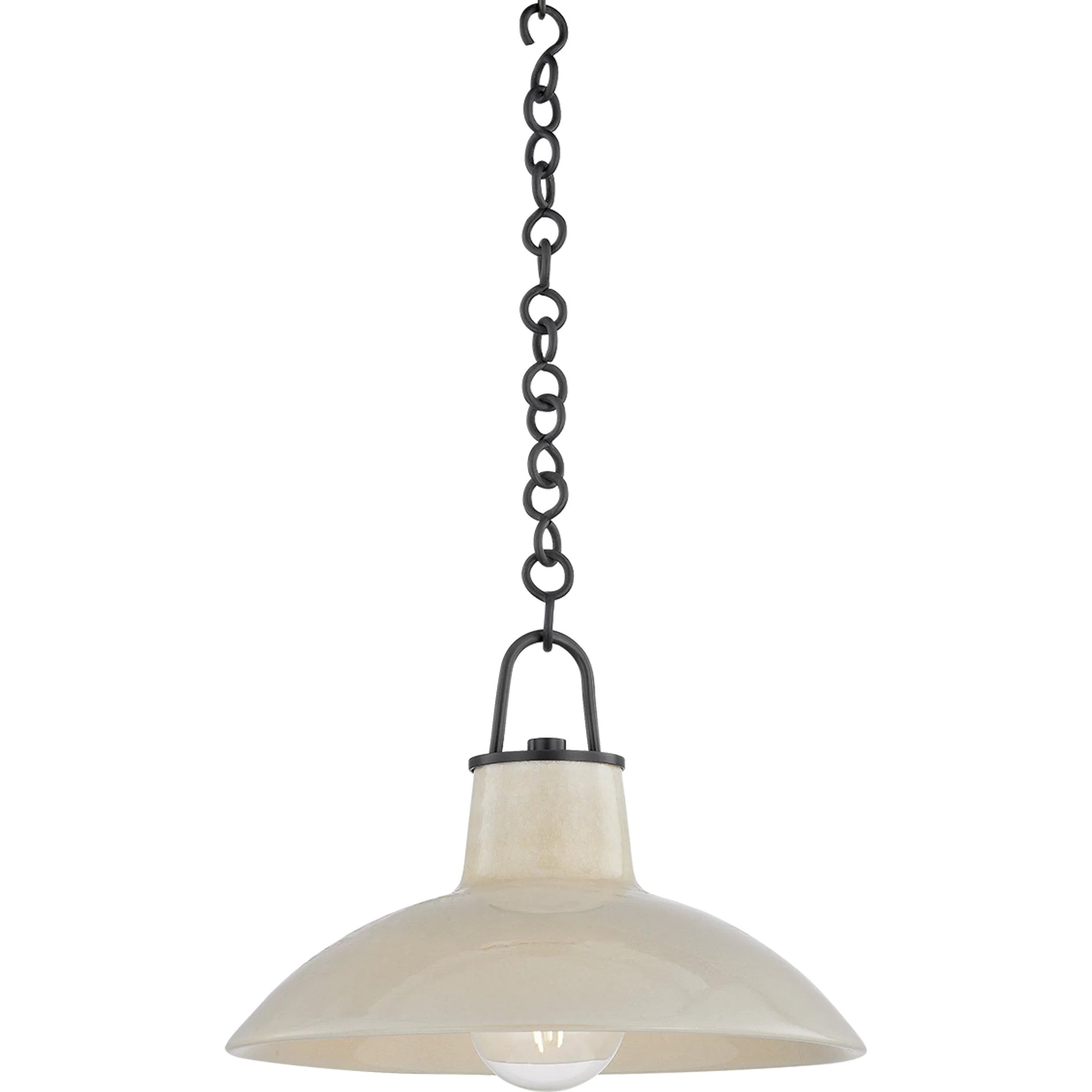 Pottersville Pendant by Hudson Valley in distressed bronze, ceramic ivory crackle. Made from ceramic in a unique style.