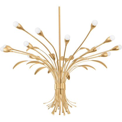 Bilston Chandelier by Hudson Valley in vintage gold leaf. Made from iron in a unique style.
