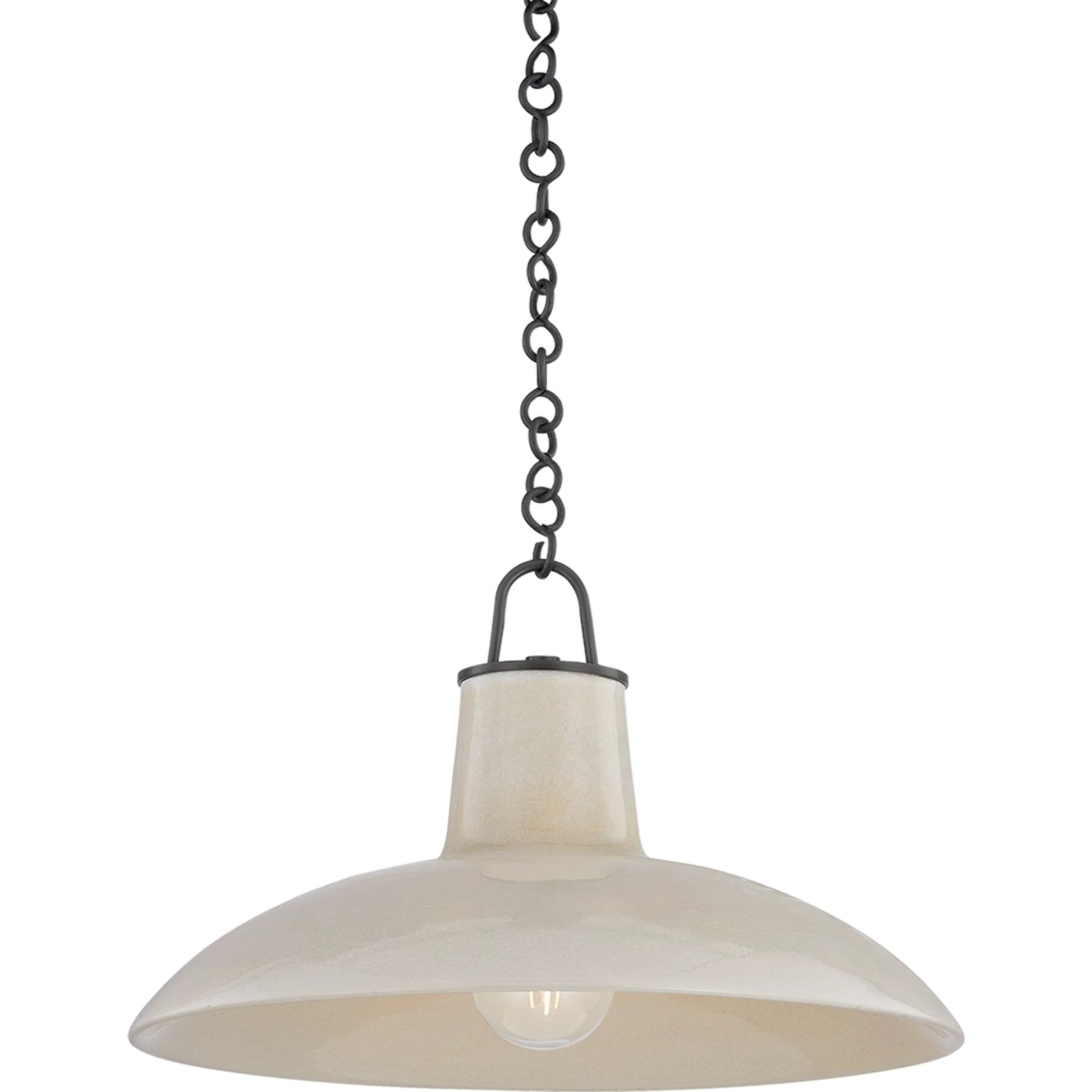 Pottersville Pendant by Hudson Valley in distressed bronze, ceramic ivory crackle. Made from ceramic in a unique style.