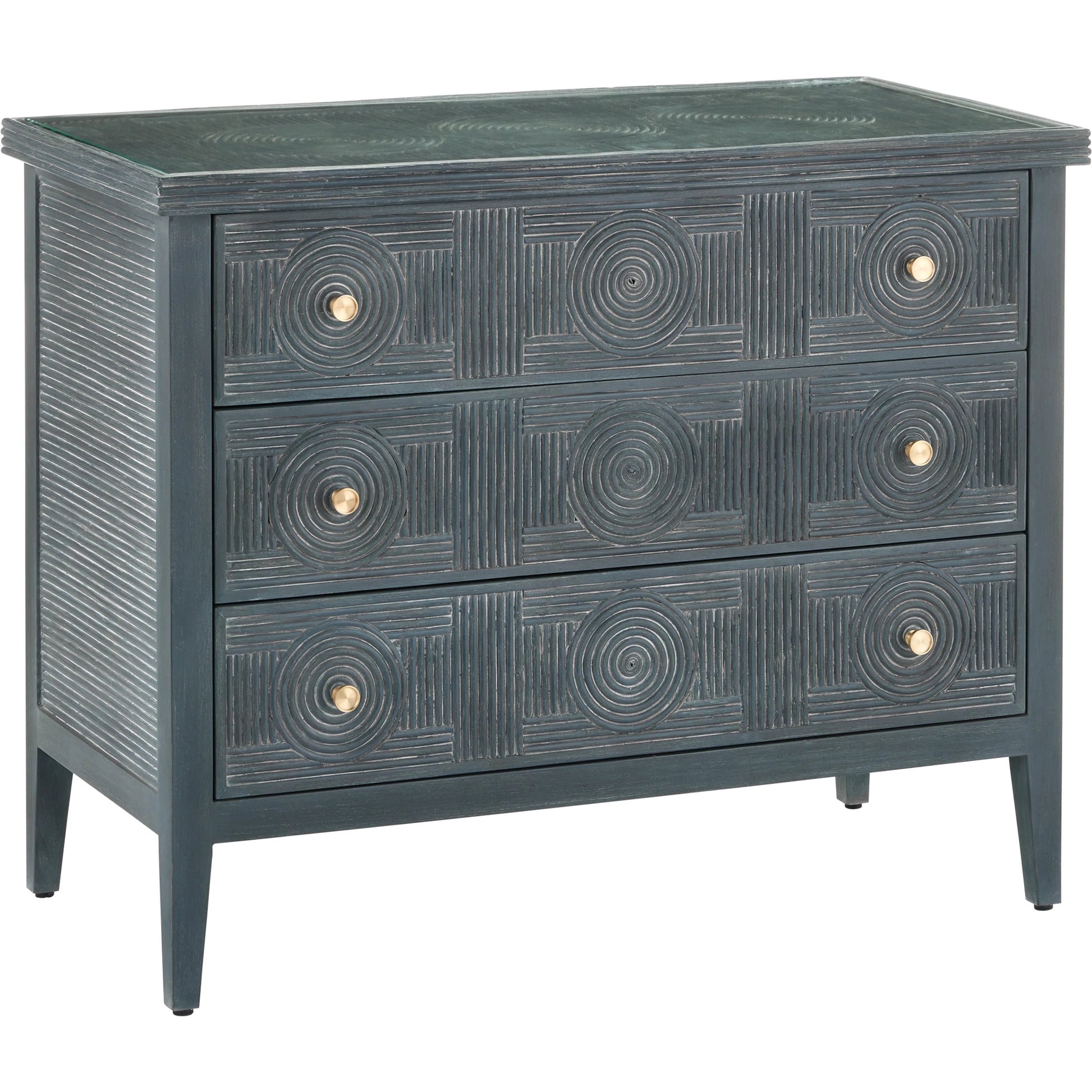 Santos 3-Drawer Chest by Currey and Company. Made from rattan, mahogany, glass, brass in a modern style.