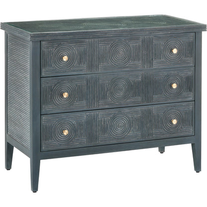 Santos 3-Drawer Chest by Currey and Company. Made from rattan, mahogany, glass, brass in a modern style.