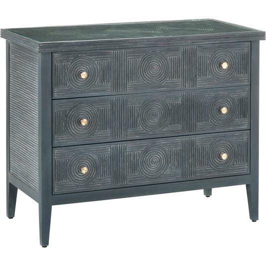 Santos 3-Drawer Chest by Currey and Company. Made from rattan, mahogany, glass, brass in a modern style.