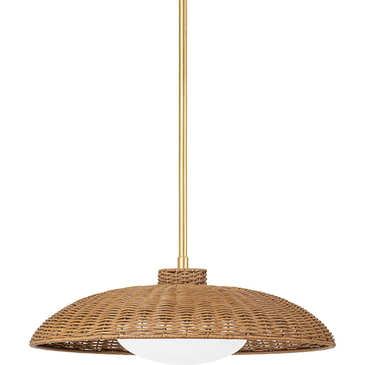 Delano Pendant by Hudson Valley in vintage gold leaf. Made from rattan in a cottage & farmhouse style.
