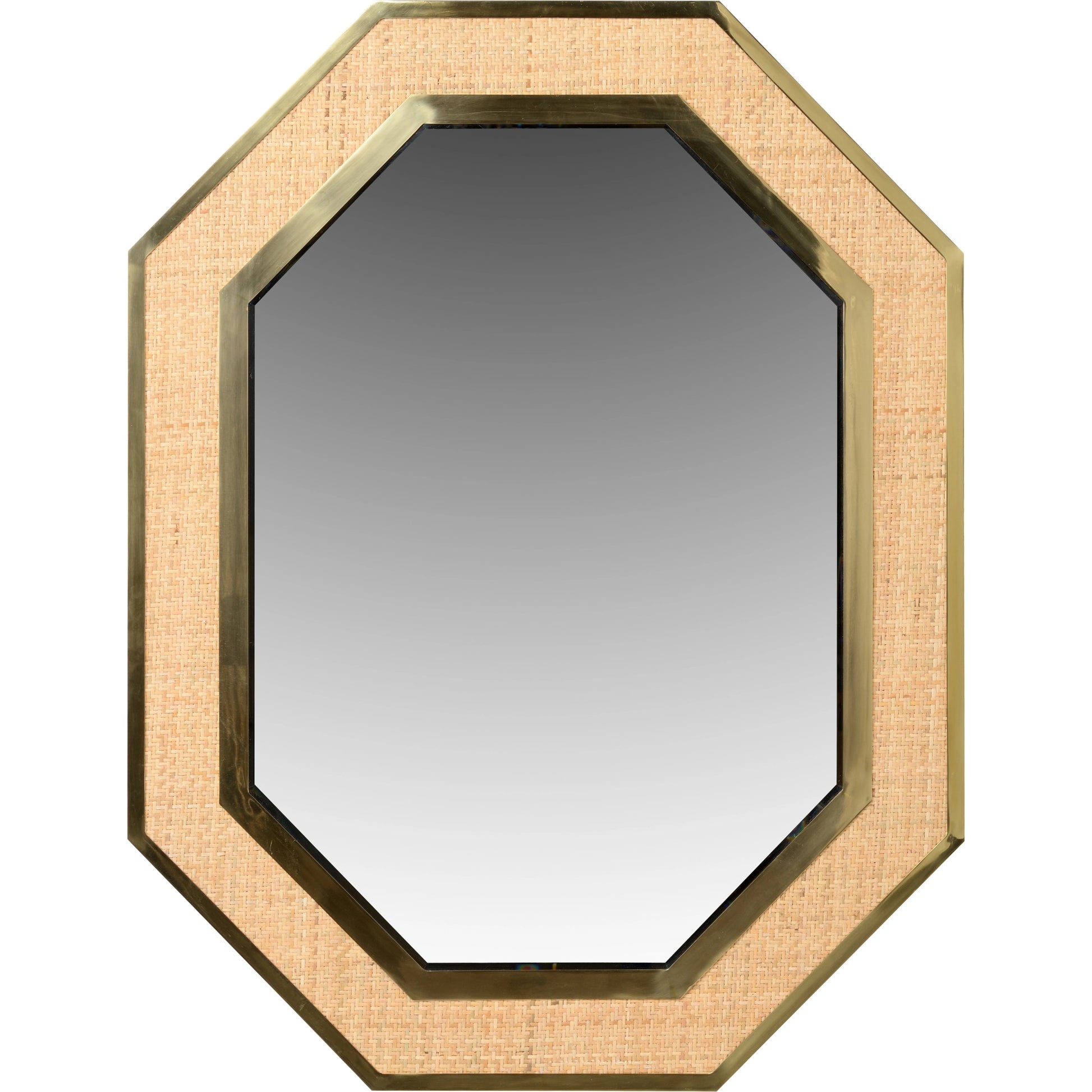 Dunbar Brass and Cane Mirror by Wildwood in antique, natural, beveled. Made from brass/cane/mirror in a modern style.