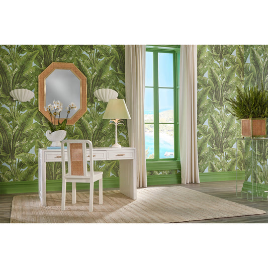 Dunbar Cachepot by Wildwood in tan. Made from cane/brass in a cottage & farmhouse style.