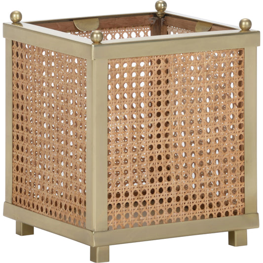 Dunbar Cachepot by Wildwood in tan. Made from cane/brass in a cottage & farmhouse style.