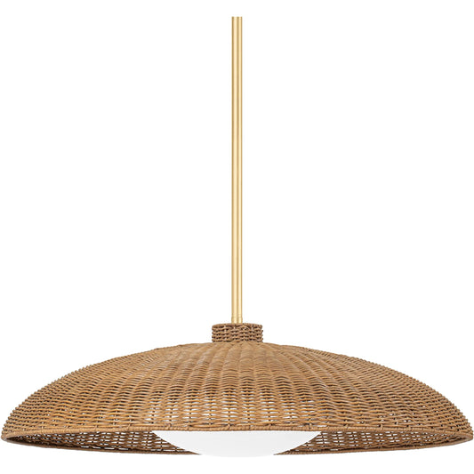 Delano Pendant by Hudson Valley in vintage gold leaf. Made from rattan in a cottage & farmhouse style.