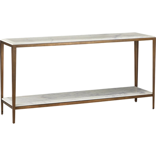 Oblique Marble Console Table by Currey and Company in natural, antique brass. Made from white lilac marble, iron, engineered wood in a unique style.