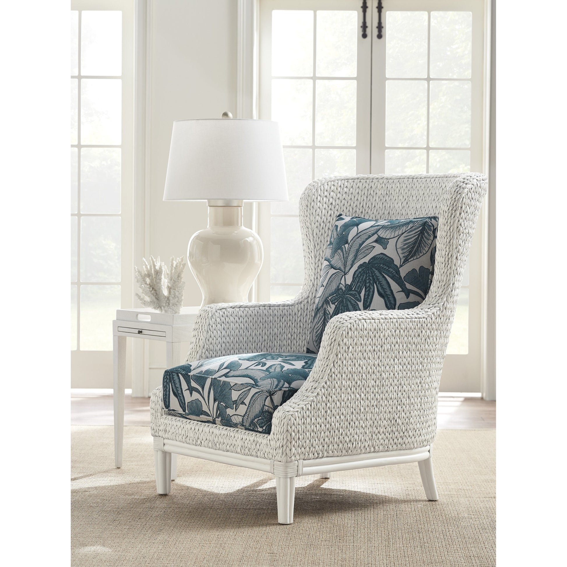 Vero Pattern Wing Chair by Tommy Bahama Home in ocean mist and caribbean sands. Made from unique in a coastal style.