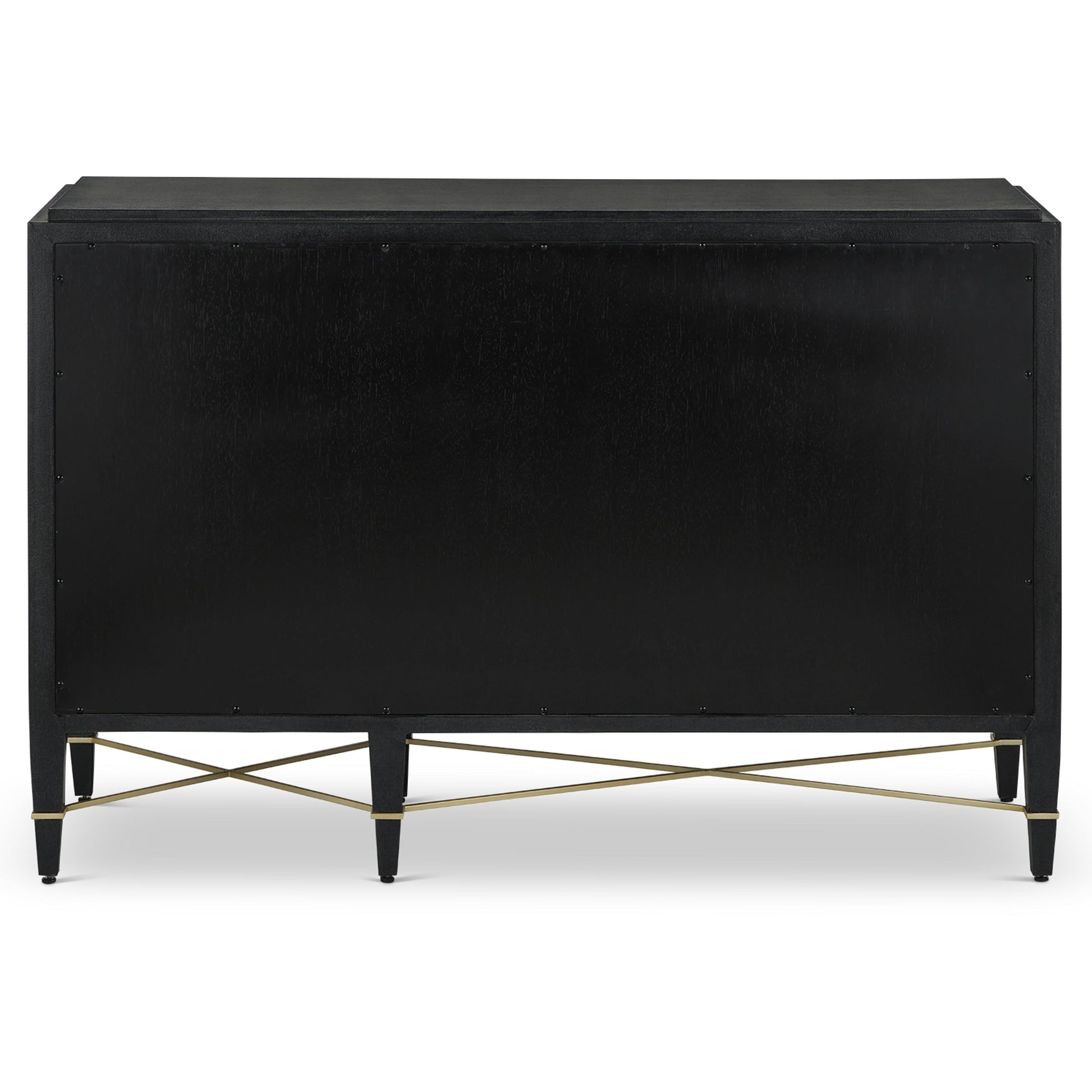 Verona Three-Drawer Chest by Currey and Company in lacquered black linen, champagne. Made from black linen, mahogany, brass, iron in a traditional style.