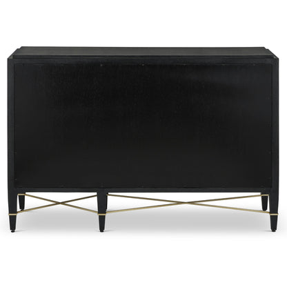 Verona Three-Drawer Chest by Currey and Company in lacquered black linen, champagne. Made from black linen, mahogany, brass, iron in a traditional style.