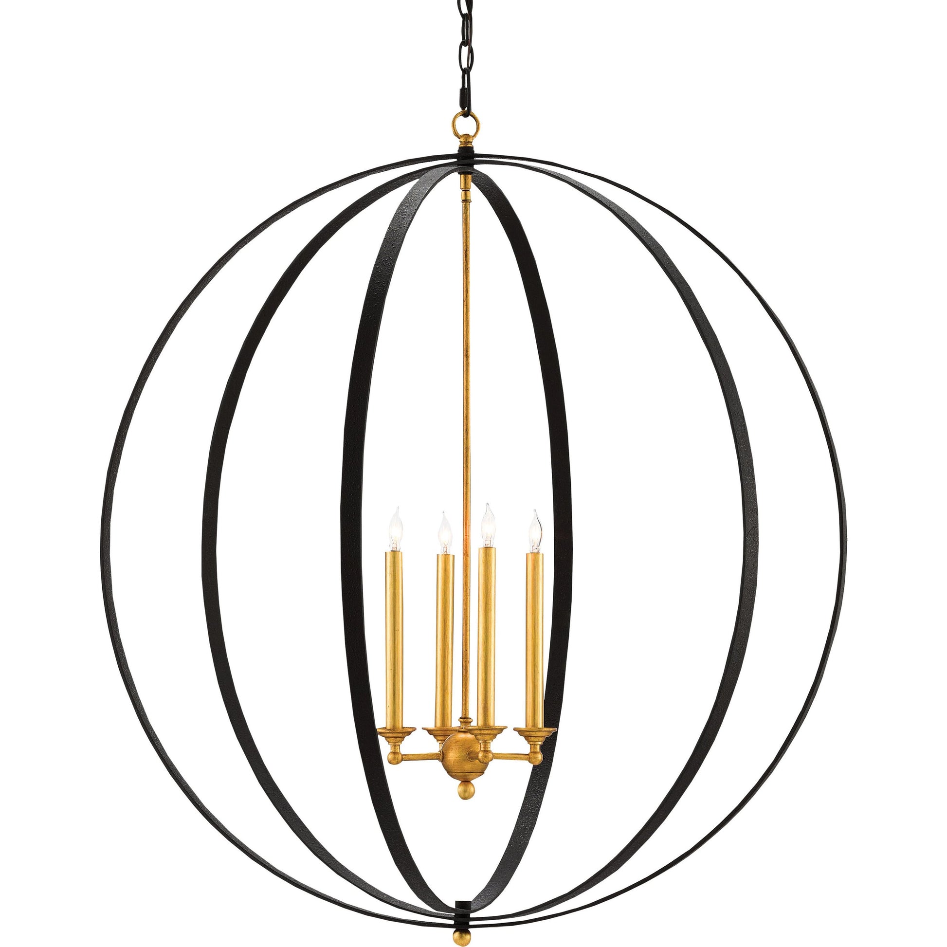 Ogden Orb Chandelier by Currey and Company in chinois antique gold leaf, black. Made from metal in a modern style.