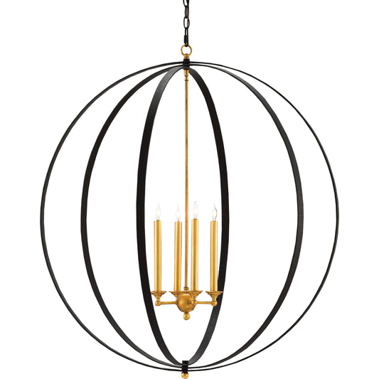 Ogden Orb Chandelier by Currey and Company in chinois antique gold leaf, black. Made from metal in a modern style.