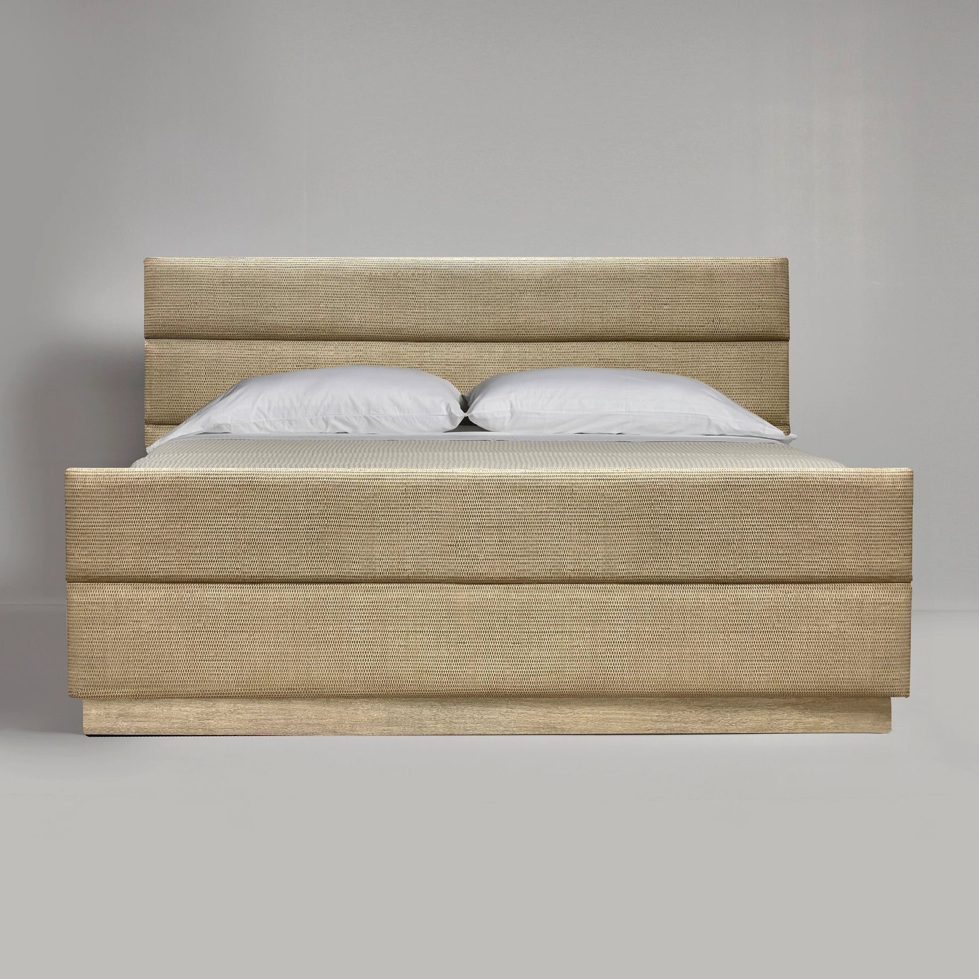 Biscayne Bed by Interlude Home in white ceruse. Made from wood, rattan weave in a modern style.