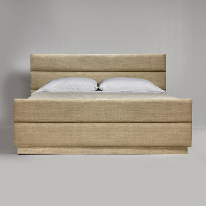 Biscayne Bed by Interlude Home in white ceruse. Made from wood, rattan weave in a modern style.