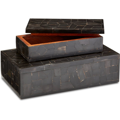 Bone Mosaic Box Set by Currey and Company in black. Made from bone, wood in a traditional style.