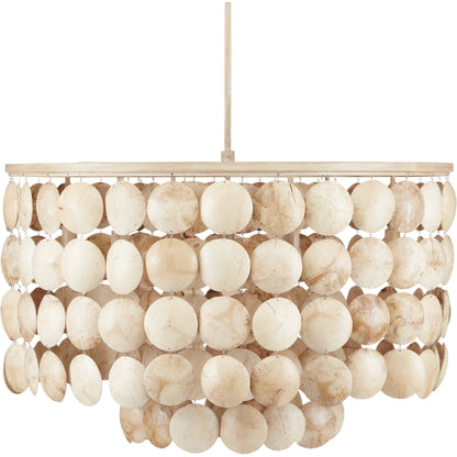 Buko Chandelier by Currey and Company in coco cream. Made from wrought iron, coco shell in a coastal style.