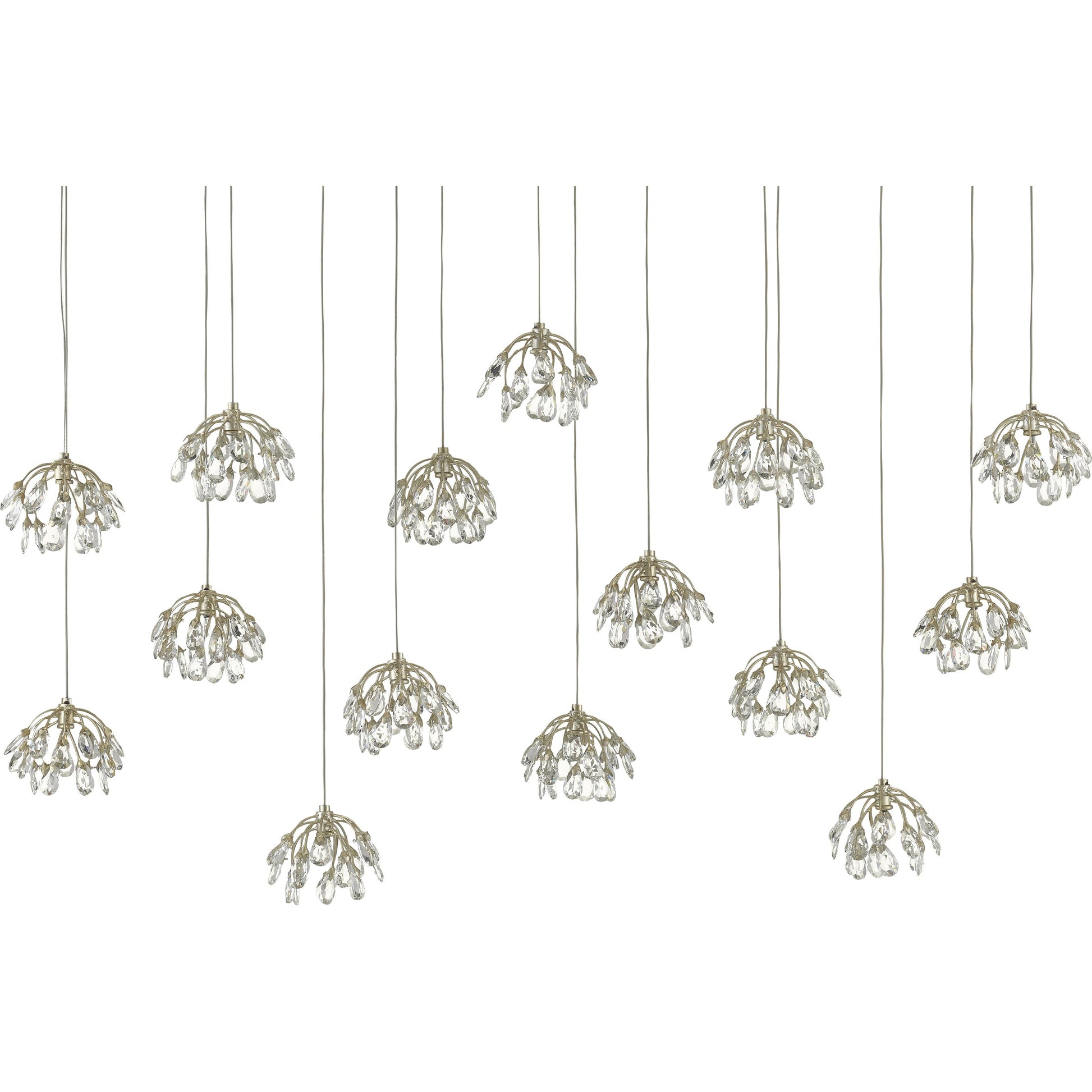 Crystal Bud Linear Pendant by Currey and Company in painted silver, contemporary silver leaf. Made from crystal, wrought iron in a transitional style.