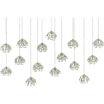 Crystal Bud Linear Pendant by Currey and Company in painted silver, contemporary silver leaf. Made from crystal, wrought iron in a transitional style.