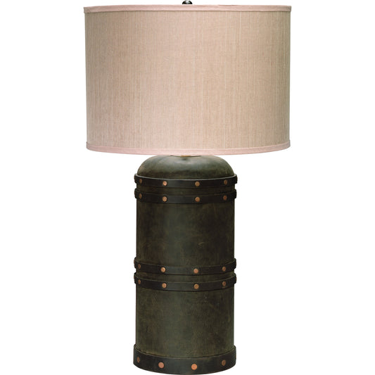 Barrel Table Lamp by Jamie Young in vintage leather. Made from leather in a modern style.