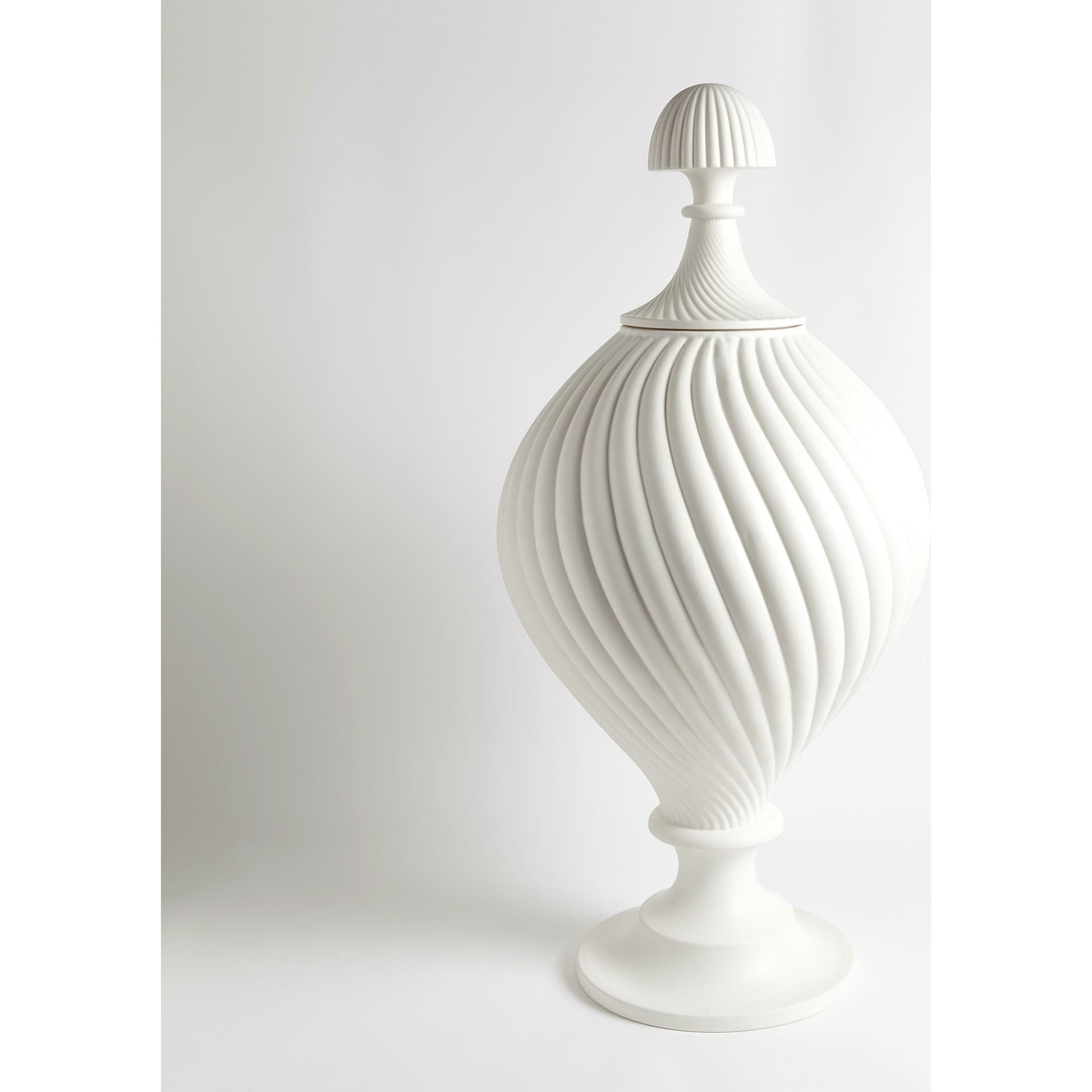 Grande Swirl Jar by Global Views in matte white. Made from earthenware in a transitional style.