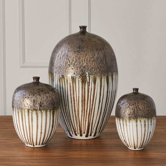 Reactive Bronze Stripe Vessel by Global Views. Made from porcelain in a eclectic & global style.