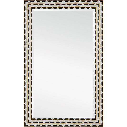 Macy Mirror by Currey and Company in natural, brass, mirror. Made from mother of pearl, horn, brass, glass in a modern style.