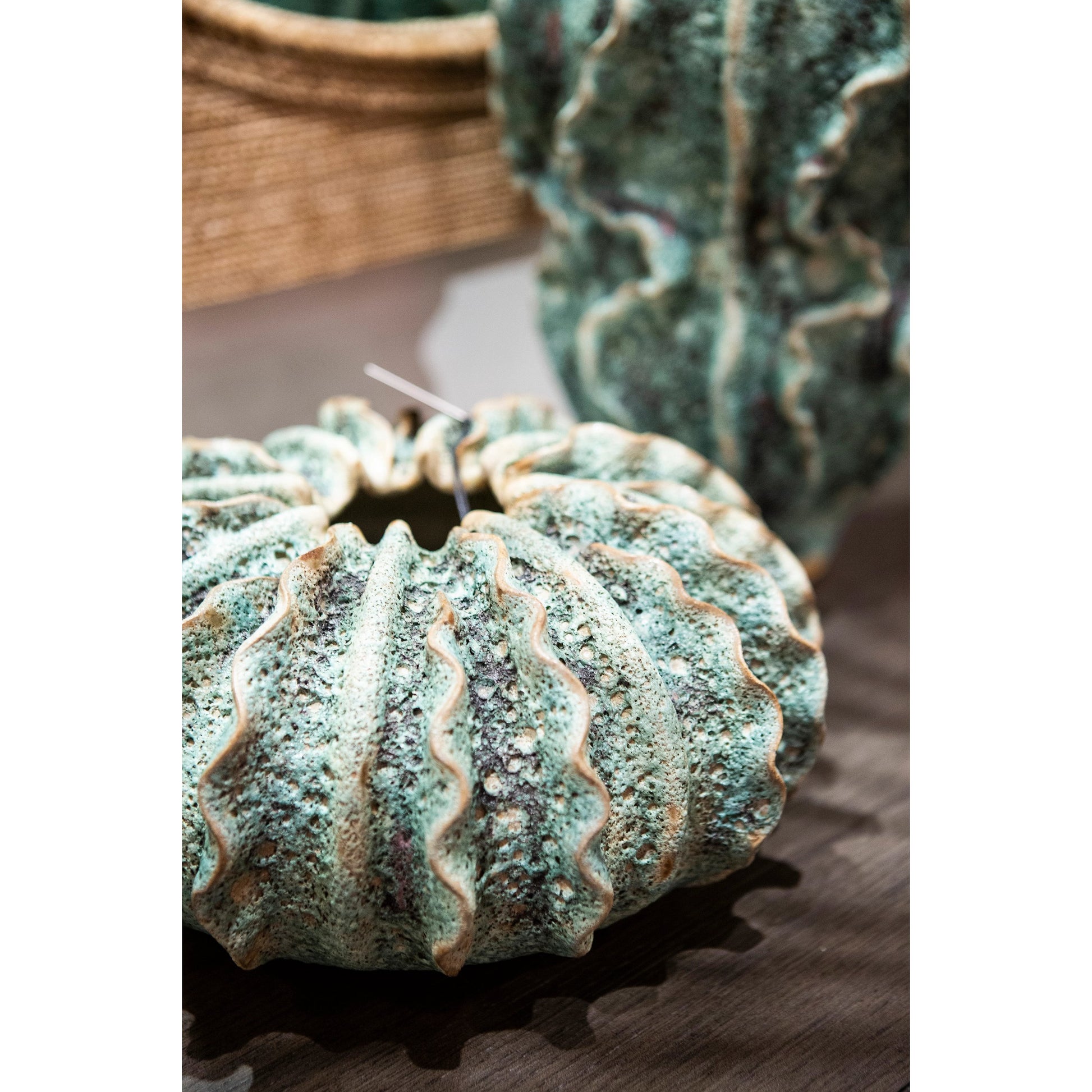 Sunken Boat Double Gourd Vase by Currey and Company in moss green. Made from ceramic in a coastal style.