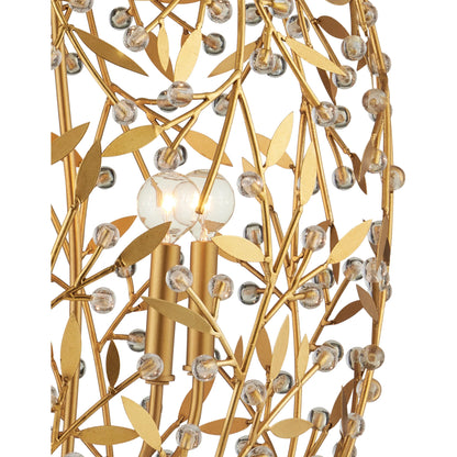Secret Garden Chandelier by Currey and Company in clear, contemporary gold leaf, contemporary gold. Made from crystal, wrought iron in a modern style.