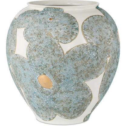 Bloom Blue & Ivory Vase by Currey and Company in textured blue, off-white, gold. Made from porcelain in a modern style.