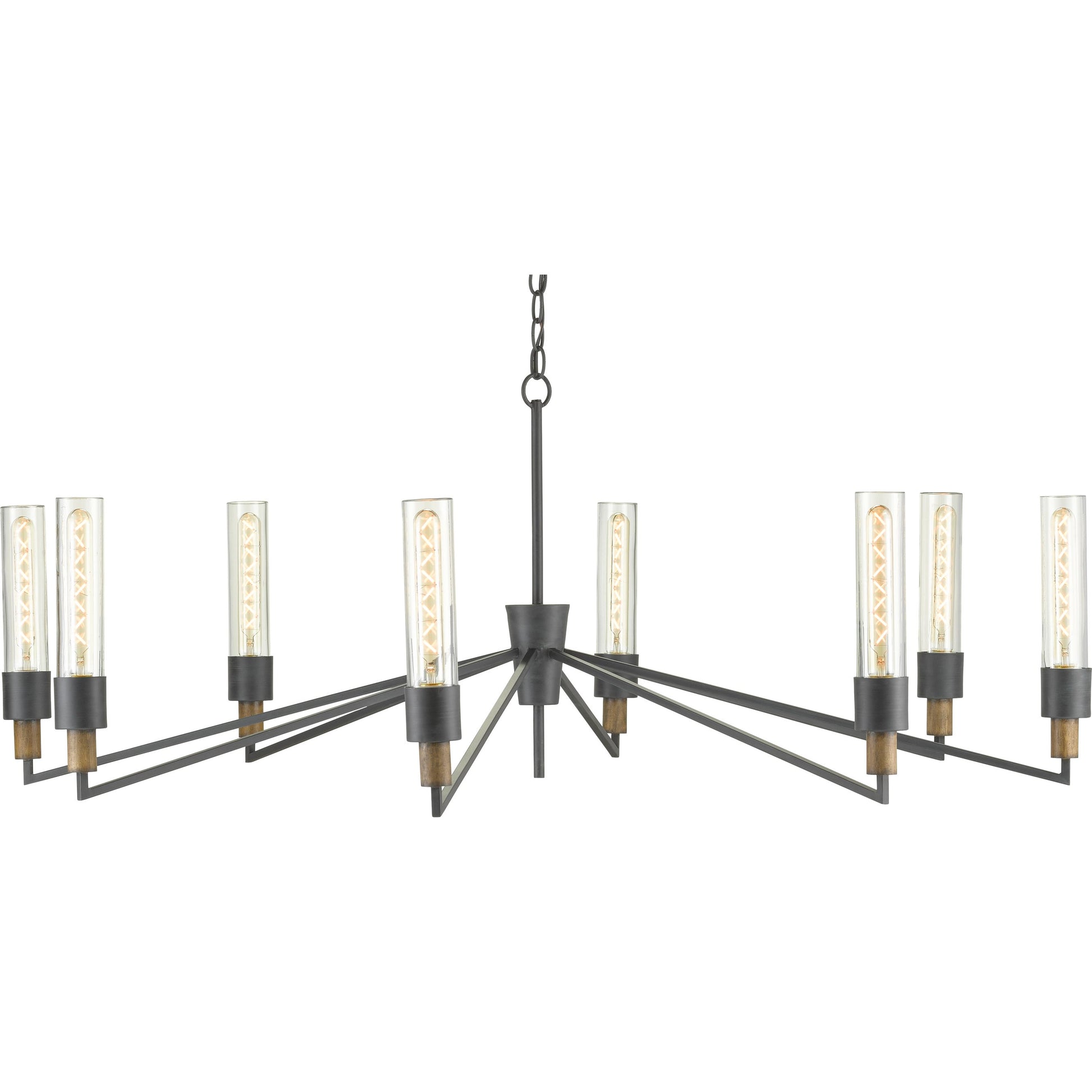 Delgado Chandelier by Currey and Company in antique black, reclaimed wood. Made from wrought iron, wood, recycled glass in a modern style.