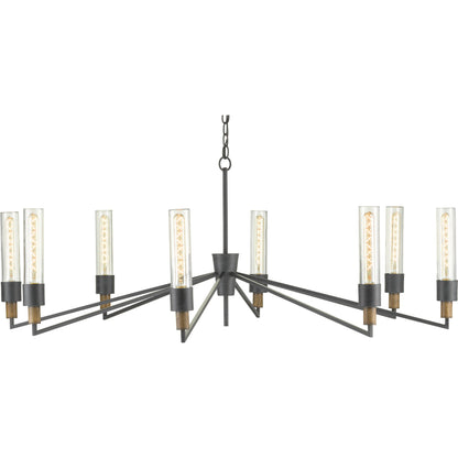 Delgado Chandelier by Currey and Company in antique black, reclaimed wood. Made from wrought iron, wood, recycled glass in a modern style.